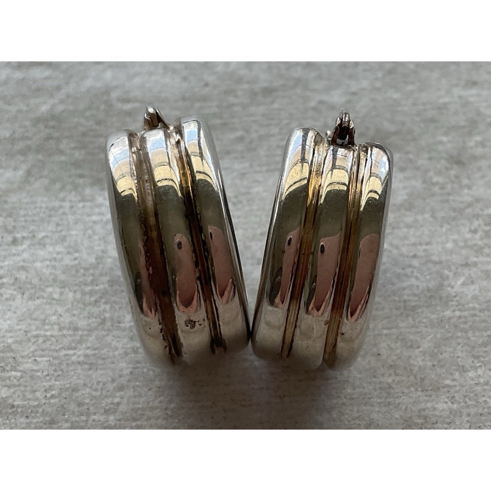 Milor Italy 925 Sterling Silver two-tone ribbed hoop earrings Wide Vintage